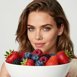 halle berry's face on strawberry in a bowl with assortment of berries, high detail