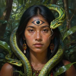 the ayahuasca vine plant spirit mixed with the face of a beautiful indigenous woman with a third eye in the jungle, green snake skin and yellow snake eyes, beautiful colors, matte painting, by christophe vacher