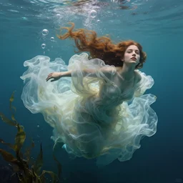 hyper realist matte digital painting of a beautiful woman, beautiful face, underwater photography, full body, jugendstill, floating in water, flowing gown, bubbles rising, seaweed, headspace, fairytale, fantasy art, photo realistic, dynamic lighting, artstation, volumetric lighting, by mucha, by charlie bowater, by karol bak, by alma tadema
