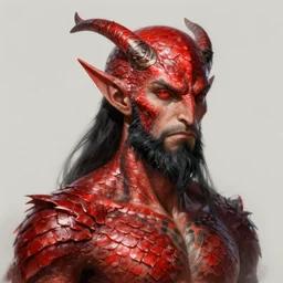 upper body portrait of a male tiefling with red scales and black beard, highly detailed, ray tracing, digital painting, artstation, concept art, smooth, illustration