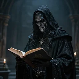 black magic sorcerer with a book of spells, dramatic, death, cinematic, ultra realistic