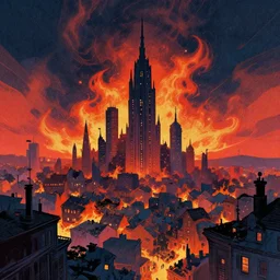 editorial illustration by Karolis Strautniekas and Mads Berg, colorful, city of the lost,sky on fire, fine texture, detailed, matte colors, film noir, dramatic lighting, dynamic composition, moody, vivid, volumetric