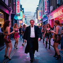 the year is 2 0 4 4, a perfect vivid chromatically distorted photograph of an exploding judge wandering the seedy streets of soho, london. eye popping neon glows, miniskirts, calling cards, street hustlers and exotic dancers luring the pig in every direction. opulence, superficiality and a crass exploitative feel.