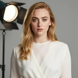 portrait, sophie turner, white fabric clothing, far view, studio light,