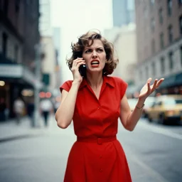 grainy abstract experimental expired film photo of a woman in red dress, talking angrily on mobile phone, gesticulating angrily, in 1 9 6 0 s new york city by saul leiter