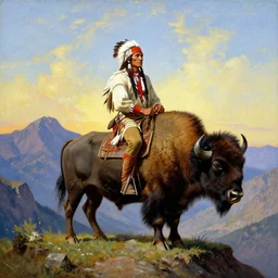 willem dafoe as a native american riding bison, buffalo, native american warrior, mountain range, beautiful sky, standing on the edge of a cliff, 1 9 th century, painted by frazetta