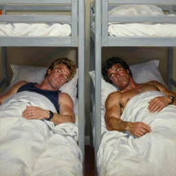 portrait of dolph lundgren and slyvester stalone sleeping in bunk beds 1 9 9 4, an oil painting by ross tran and thomas kincade