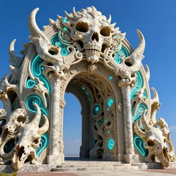 The carved celestial godly Doom portal made of bones and marble, fractal neon cyan light tendrils, ornamental. vibrant blue sky. Cell shading, toon shader, matte painting. Moebius, Noah Bradley, hiroshi yoshida, Dan mcpharlin, Peter Mohrbacher, Druillet, chiaroscuro