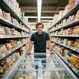tom holland stuck in the freezer section of a supermarket, canon eos r 3, f / 1. 4, iso 2 0 0, 1 / 1 6 0 s, 8 k, raw, unedited, symmetrical balance, wide angle