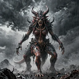 neo lowbrow lilith the mother of all monsters angry, raining ash, fine art masterpiece, highly detailed dino valls wayne barlowe machiej kuciara, dramatic lighting, long shot, wide angle, uhd 8 k, sharp focus