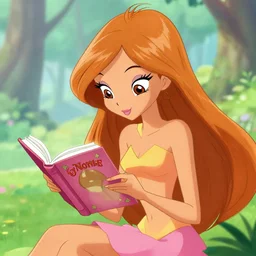 highly accurate winx club art style, flora character winx club, season one of winx club, reading a book
