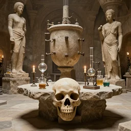 a complex ancient alchemists interior, 4 k, stone table, giant clay skull, giant clay statue, giant athanor, alembic, beakers full of liquid, knobs, glass orbs, candle lighting, octane render, natural color scheme, architectural photography, f 3 2, still from movie by david lynch,