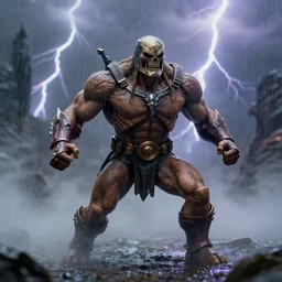 skeletor fighting he - man, fog on the ground, heavy rain, lightning, moody lighting, shallow depth of field,