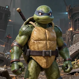 mecha ninja turtle in a post apocalyptic setting, ghibli, unreal 5, DAZ, hyperrealistic, octane render, RPG portrait, dynamic lighting