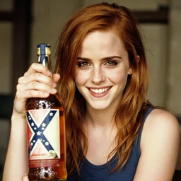 portrait close up, emma watson skinny malnourished redneck, mischievous grin, bottle of whiskey, confederate flag, 2 6 mm, kodak gold 2 0 0,