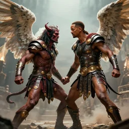 will smith fights against demons dressed as a gladiator and with angel wings, cinematic lighting, highly detailed, concept art, art by wlop and artgerm and greg rutkowski, masterpiece, trending on artstation, 8 k