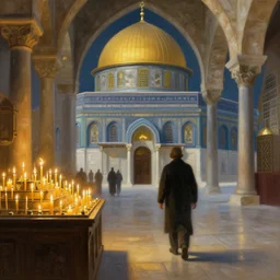 i walk in the church of the holy sepulcher, jerusalem. volumetric lighting, holiness, christian candles, perfectly shaded, soft painting, art