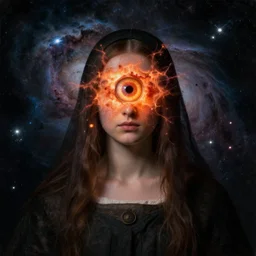 a veiled woman with an exploding third eye in a nebula, by Jan van Eyck