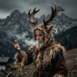 1 9 2 0 s spirit portrait photography of an old female farmer turning into a krampus ghost with hay cloth and antlers in the dolomites, smoke from mouth, eerie casting a root spell, inviting hand, witchy, wicca, by william hope, dark, eerie, grainy
