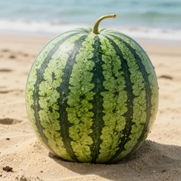 a high quality photo of big ripe watermelon on a sandy beach