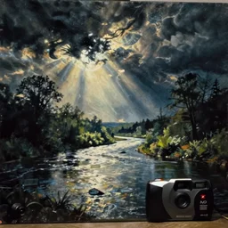 grunge painting of a beautiful river landscape by michal karcz., taken by a disposable camera | horror | nightmare