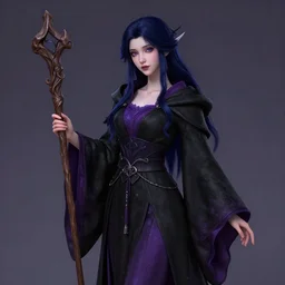 Pretty Sorceress, wearing Black and purple robes, Dark blue hair, magic wooden staff, fully covered, Dark fantasy, romantic lead, trending by artstation, artstationhd, artstationhq, matte painting