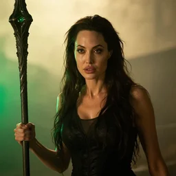 epic photo of angelina jolie as beautiful d & d sorceress with very long black hair, battle scene, holding her wizard staff, sweaty, neutral expression, perfect likeness, rim light glow, low contrast, soft light, low light, green hue, shallow depth of field, photorealistic, cinematic lighting, lovely bokeh, warm colours, hazy sunset, movie quality, green glow from the left, conan the destroyer 1 9 8 5, movie still, cinemascope
