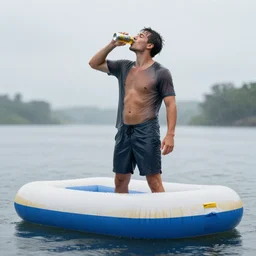 man standing next to his inflatable quecha, drinking a canned beer, it is raining and he has no shelter so he gets soaked