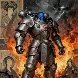 composition of gothic and futuristic, warhammer, cyber japan sty armor, more and more scars, thunderstorm, firestorm, blue head, some red and green, the middle ages, highly detailed, artstation, in the style of moebius, jugendstil and classic japanese print, composition by rene magritte, jean delville