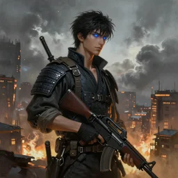 ultra realist and ultra intricate detailed soft painting of a sci-fi male samurai overlooking a burning city, glowing blue eyes, sensual gloomy style, volumetric clouds, military, assault rifle, artstation,  unreal render, depth of field
