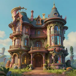 fantasy wavy futuristic victorian atompunk mansion, surreal, detailed, sharp details, architectural accents, colourful paint, ( ( ( reflexions on windows ) ) ), volumetric lights, depth of field, octane render, photorealism, 3 d art by pixar, studio ghibli, moebius