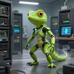 lizard antropomorphic cyborg lime green in data room, sharp focus, emitting diodes, smoke, artillery, pacing, computers, racks, motherboard, by pascal blanche rutkowski artstation detailed matte painting, 4 k resolution