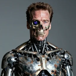 arnold schwarzenegger as a damaged t - 1 0 0 terminator, one robotic eye, metal skull photo