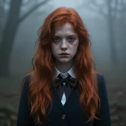 school girl portrait, red hair, gloomy and foggy atmosphere, octane render, cgsociety, artstation trending, horror scene, highly detailded