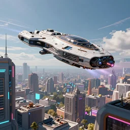a futuristic spaceship coming from sky into colorful cyberpunk city, highly detailed