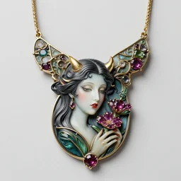 beautiful artnouveau style necklace made of the face of a demoness and vampiress showing love with gem flowers in the style of René lalique