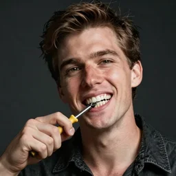 man chewing on a screw driver breaking his teeth, photo realistic
