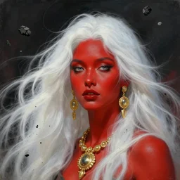 portrait of a woman with red skin and white long hair, golden ornament jewelry, pieces of black ash floating in the air, surreal painting by Beksinski,
