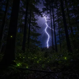 forest at night lightning bugs