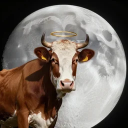 wide angle view, colored photo of a cow with a golden halo on its head, on the moon, photorealistic, 8 k
