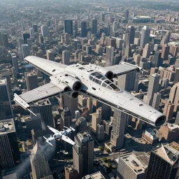 Aerial view of a city, An imperial star destroyer is hovering above the city, it is being attacked by  X-Wing Starfighters