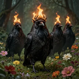 midwich cuckoos wyndham. folk horror. highly detailed. burning crowns on their heads, lots of flowers