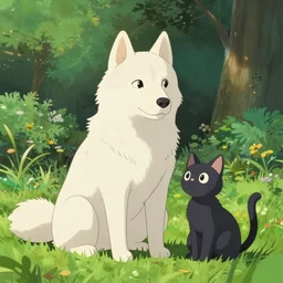 a white huskey and a black cat sitting in the park, cell shaded, beautifull lighting, animation, ghibli, pixar, disney