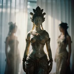 photography of asian female sculpture with detailed ornaments, models behind white curtains, dramatic light, cinestill, filmstill, bokeh, long exposure, god rays, magic hour