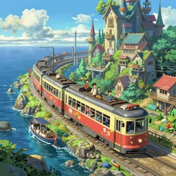 trams travel on a colorful ocean, unreal engine, fantasy art by greg, loish, rhads, ferdinand knab, makoto shinkai and lois van baarle, ilya kuvshinov, rossdraws, tom bagshaw, global illumination, radiant light, detailed and intricate environment ， trending onstudio ghibli ， highly detailed, octane render, 8 k
