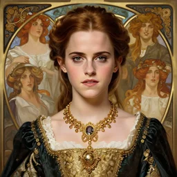 emma watson portrait in royal clothing, fantasy, large intricate gold necklace collar, elegant, highly detailed, digital painting, matte, sharp focus, art by atgerm, greg rutkowski, alphonse mucha, frank frzetta, boris vallejo, bouguereau, cinematic