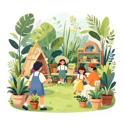 trendy hip illustration busy cluttered garden