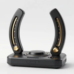 A video game console in the shape of a horseshoe, golden accents on a black frame, modern design, high quality concept art