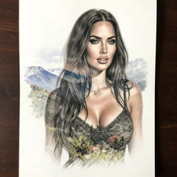 realism tattoo sketch of double exposure megan fox with beautiful mountain scenery, in the style of andrey lukovnikov