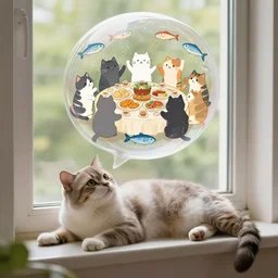 a cat laying on a windowsill with a dream bubble floating over his head filled with anthropomorphic cats dancing around a feast of fish
